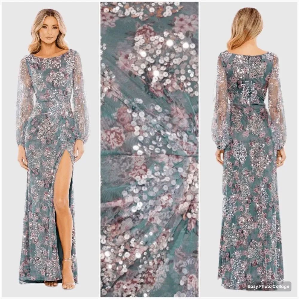 MAC DUGGAL  93750 Embellished Illusion Long Sleeve Faux Wrap Gown Gray-Green 10